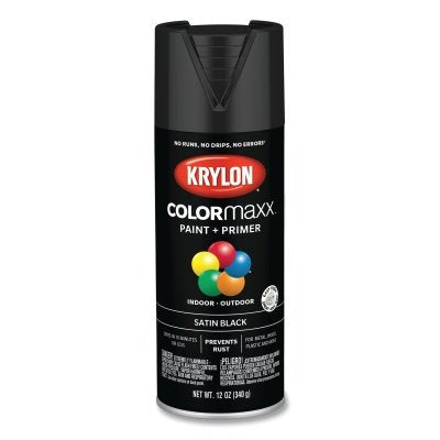 COLORmaxx Paint + Primer Spray Paint, 12 oz, Black, Satin
