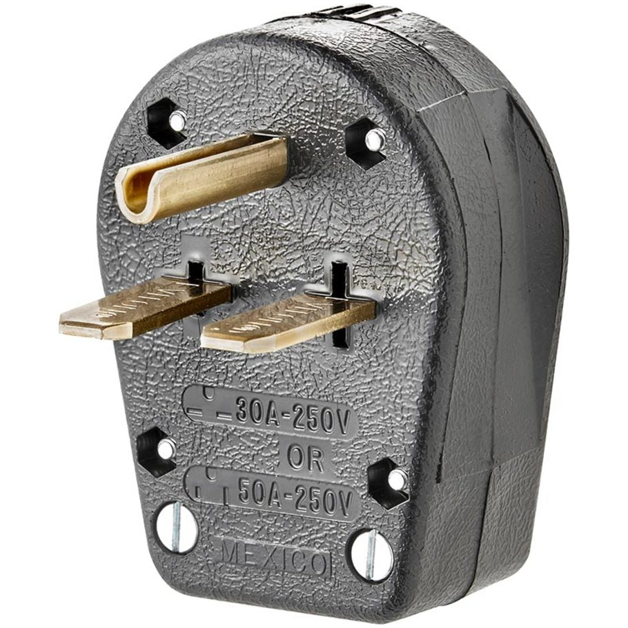 30/50 Amp, 250 Volt, NEMA 6-30P/6-50P, 2P, 3W, Plug, Straight Blade, Commercial Grade, Angle, Grounding - Black
