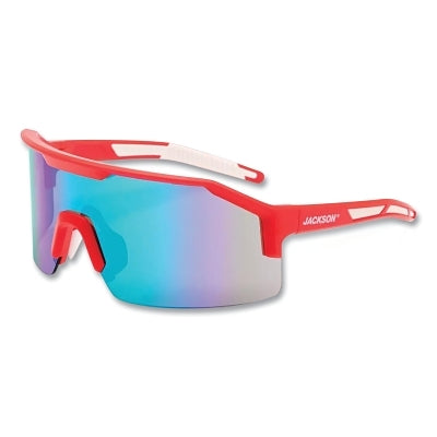 Maxview+ Safety Glasses, Green Mirror, Polycarbonate, Hard Coated, Anti-Scratch, Red Half Frame, Red/White Temple
