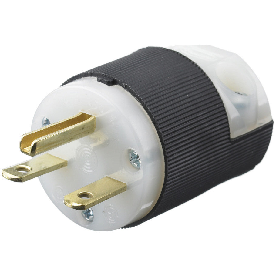Insulgrip Straight Blade Plug, 15A, 250V, 2P3W, VARI-SIZE Adjustable Cord Clamp, Cord Dia. 0.230 to 0.720 in., Black/White