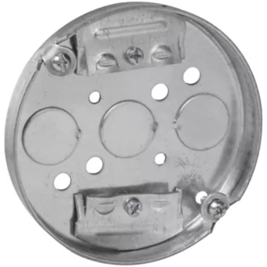 Round 4 in. Dia. Ceiling Pan, Steel, Fixture Rated, 1/2 in. D, (4) Cable Clamps, (3) 1/2 in. Bottom KO