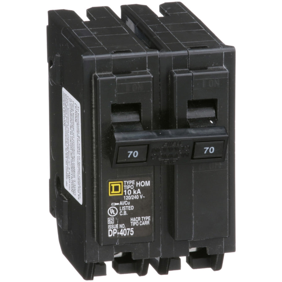 Homeline Circuit Breaker, Plug-In, 10kA, 120/240 Vac-Common Trip, 2-Pole, 70A
