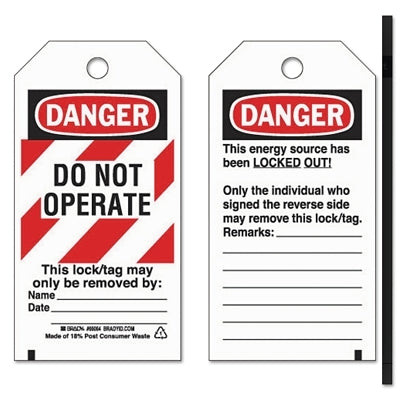 Lockout Tag, 3 in W x 5.75 in H, Danger Do Not Operate, Red/White Stripes and Black, Polyester, Textured Surface