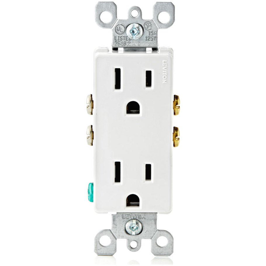 Decora Straight Blade Duplex Receptacle, 15A, 125V, 2P3W, NEMA 5-15R, Quickwire and Side Wired, White