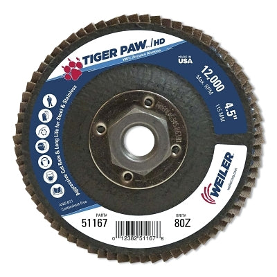 Tiger Paw Super High Density Flap Disc, 4-1/2 in dia, 80 Grit, 5/8 in-11 Arbor, 12000 RPM, Type 27 Flat