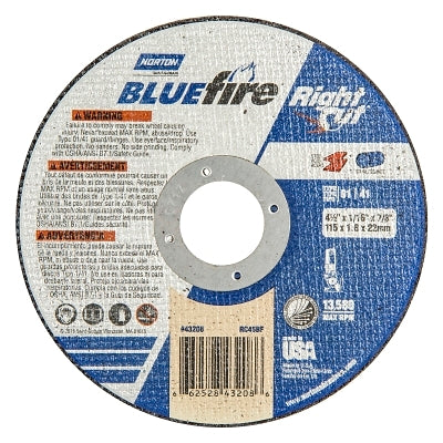 Type 01 BlueFire Right Cut Cut-Off Wheel, 4-1/2 in dia, 7/8 in arbor, 1/16 Thick, 36 Grit, Aluminum Oxide