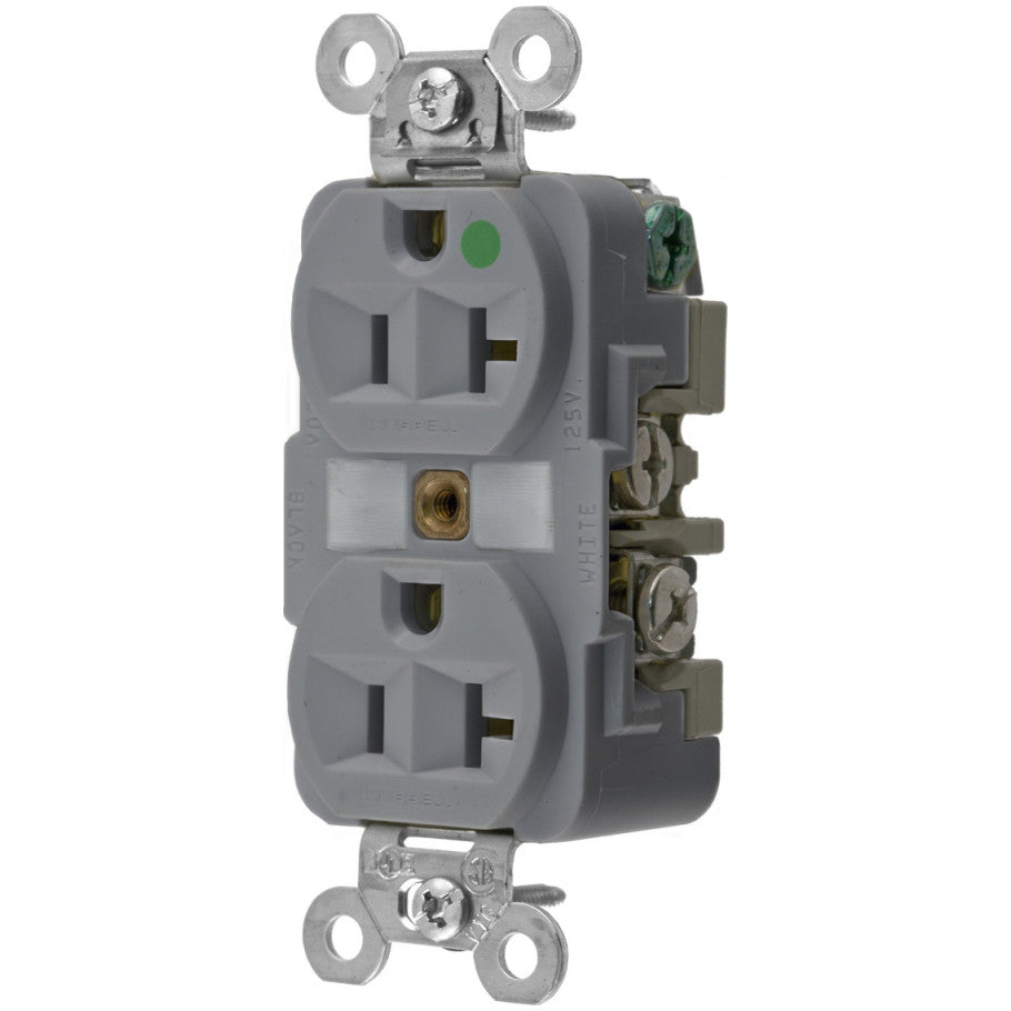 HBL Straight Blade Duplex Receptacle, Hospital Grade, 20A, 125V, 2P3W, Deep Body Design, Circuit ID Face, Gray