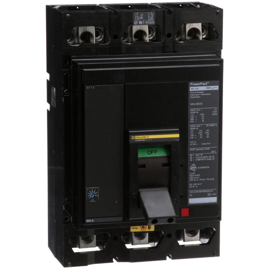 PowerPact Molded Case Circuit Breaker, M-Frame, Thermal Magnetic, Unit Mount, 18kA, 600 Vac, 3-Pole, 500A