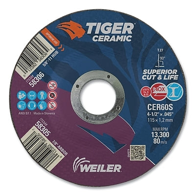 Tiger Ceramic Cutting Wheel, 4.5in Diameter, 0.045 in Thick, 7/8 in Arbor, 24/bx