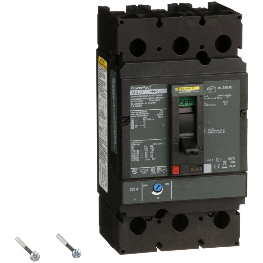 PowerPact Molded Case Circuit Breaker, J-Frame, Thermal Magnetic, Unit Mount, 25kA, 600 Vac/250 Vdc, 3-Pole, 250A