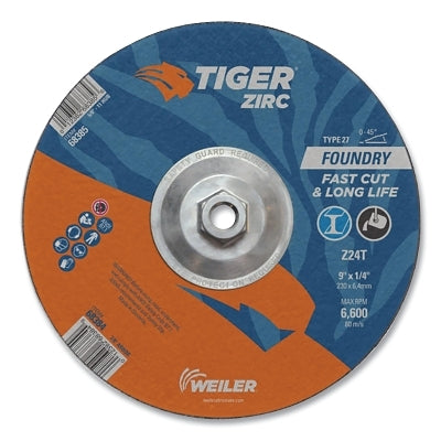 Tiger Grinding Wheel, 9 in dia x 1/4 in Thick x 5/8 in-11 Arbor, 24 Grit, Zirconia Alumina, Type 27, 10 EA/BX