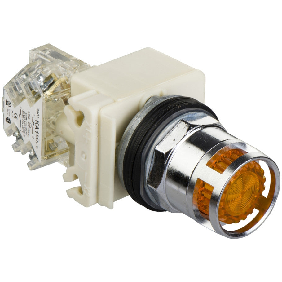 Illuminated push-button, Harmony 9001K, metal, metal guard flush, amber, 30mm, spring return, LED yellow, 120V, 1 C/O