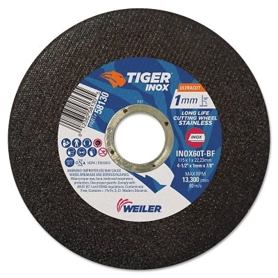 Tiger INOX Ultracut Thin Cutting Wheel, 4-1/2 in dia, 1 mm Thick, 7/8 in Arbor, 60 Grit
