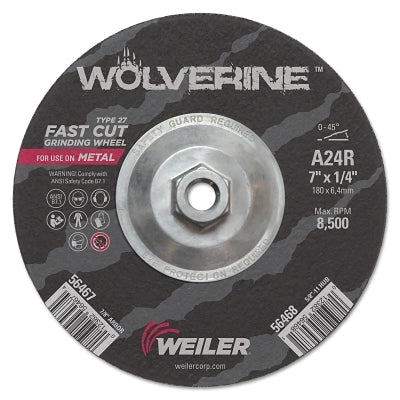 Wolverine Grinding Wheel, 7 in dia x 5/8 in-11 UNC Arbor x 1/4 in Thick, AO, 24R