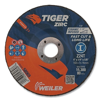 Tiger Grinding Wheel, 4 in dia, x 1/4 in Thick, 5/8 in Arbor, 24 Grit, Zirconia/Ceramic Alumina, Type 27