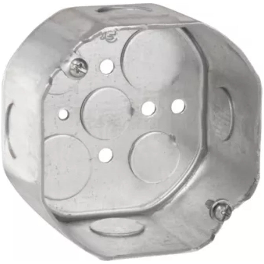 Octagon 4 in. Dia. Outlet Box, Steel, Fixture Rated, 2-1/8 in. D, (4) 3/4 in. Side KO, (3) 1/2   (2) 3/4 in. Bottom KO
