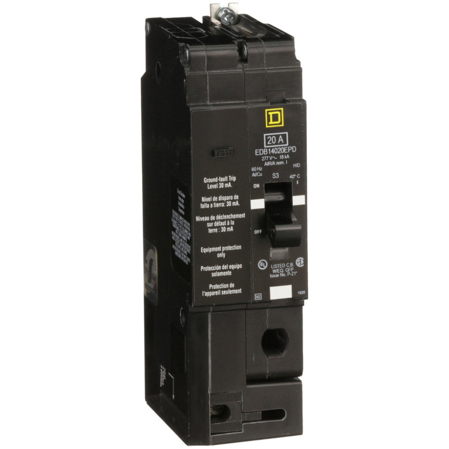 Mini circuit breaker, E-Frame, 20A, 1 pole, 277VAC, 25kA max, bolt on, 30mA ground fault protection  TAA