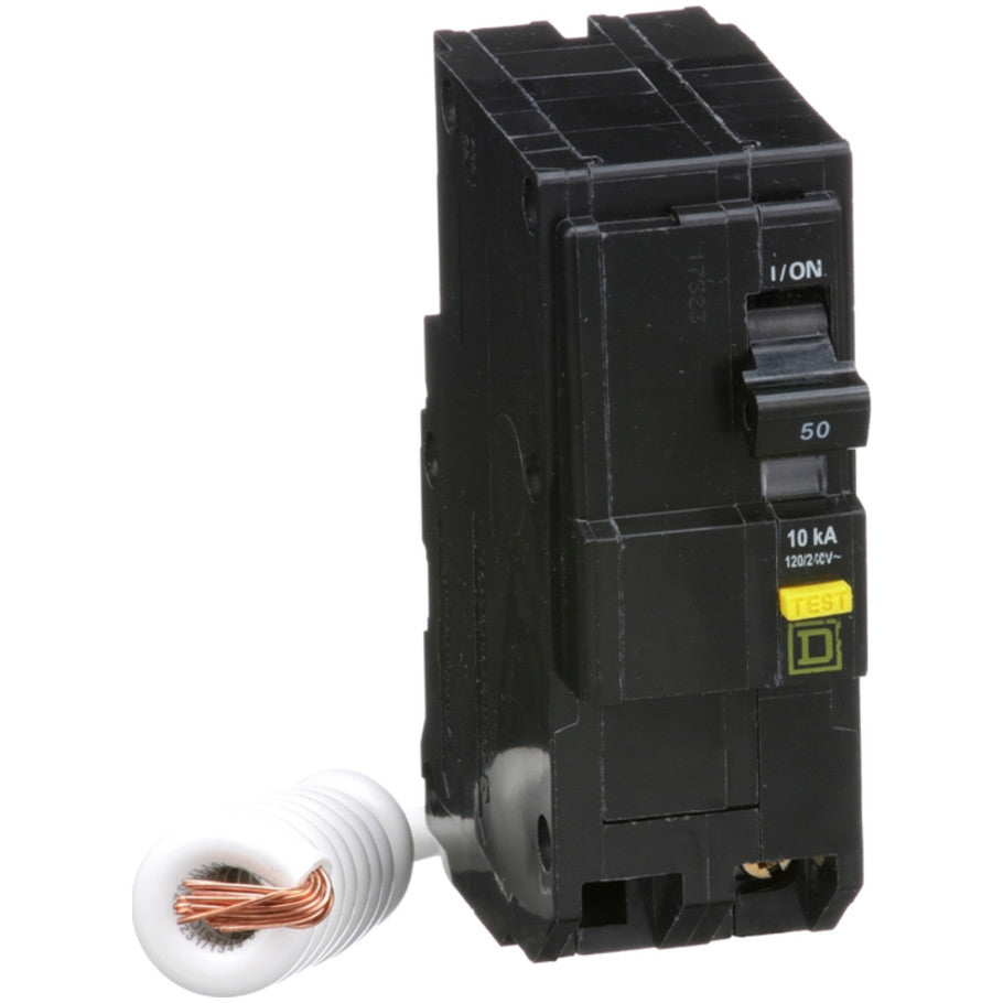 Mini circuit breaker, QO, 50A, 2 pole, 120/240VAC, 10kA, plug in, 6mA grd fault A, pigtail  TAA