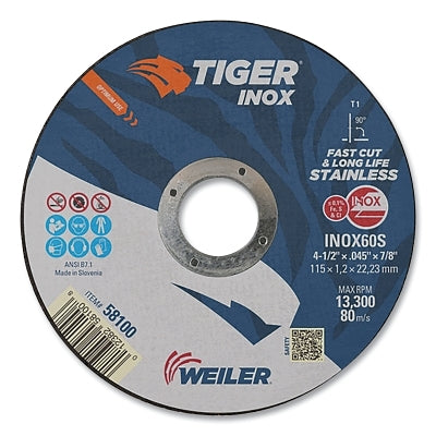 Tiger Inox Thin Cutting Wheel, 4-1/2 in Diameter, .045 in Thick, 7/8 in Arbor