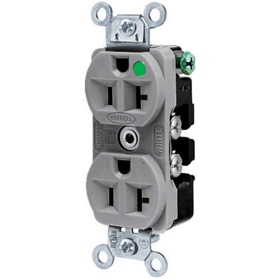 HBL Straight Blade Duplex Receptacle, Hospital Grade, 20A, 125V, 2P3W, Slender/Compact, LED Illuminated Face, Gray