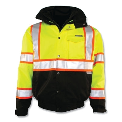 Premium BRILLIANT SERIES Bomber Jacket, 300D Ripstop, X-Large, Lime/Black/Reflective w/3 in Orange Contrasting Stripes