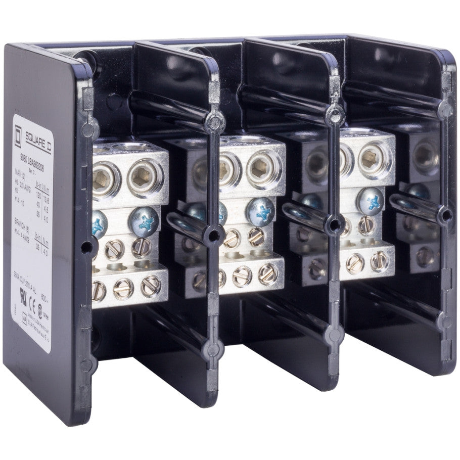 Power distribution block, Linergy, 3 pole, 2 line, 6 load, 350A Cu, 270A Al, 600V