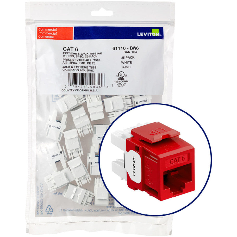 QuickPort eXtreme 6  Component-Rated Cat 6 UTP Connector, Red, 25 Per Bag