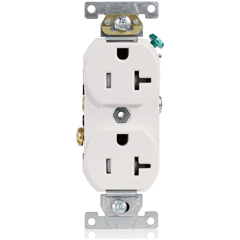 Straight Blade Duplex Receptacle, Tamper-Resistant, Self-Grounding, Thermoplastic, 20A, 125V, 2P3W, White