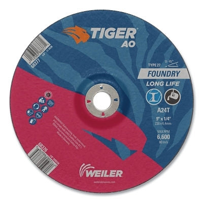 Tiger Grinding Wheel, 9 in dia x 1/4 in Thick x 7/8 in Arbor, 24 Grit, Aluminum Oxide, Type 27, 10 EA/BX