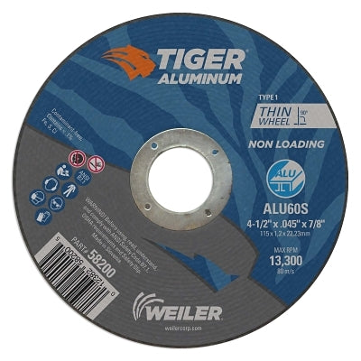 Aluminum Cutting Wheel, 4.5 in Diameter, 7/8 in Arbor, Type 1, 60 Grit, AO