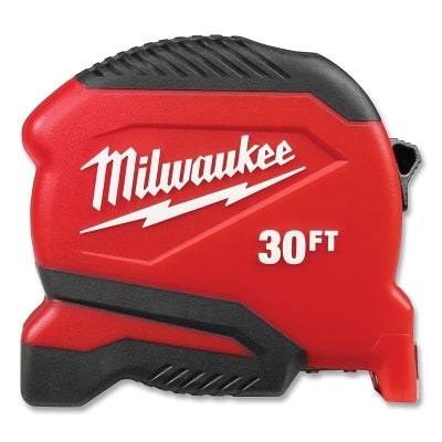 Compact Tape Measure, 30 ft, SAE, Single-Sided, Steel, Red/Black