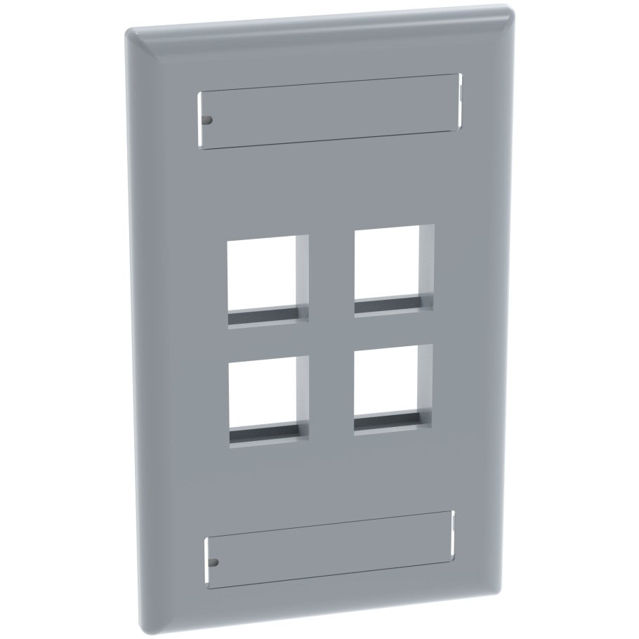 NetKey 1-Gang, Flush Mount Vertical Faceplate, 4-Port, Includes Label and label Covers. International Grey