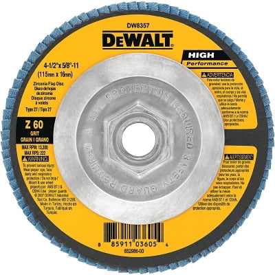 Type 27 Flap Disc, High Performance, 4-1/2 in dia, 60 Grit, 5/8 in-11 TPI, Zirconia Alumina, 13300 RPM