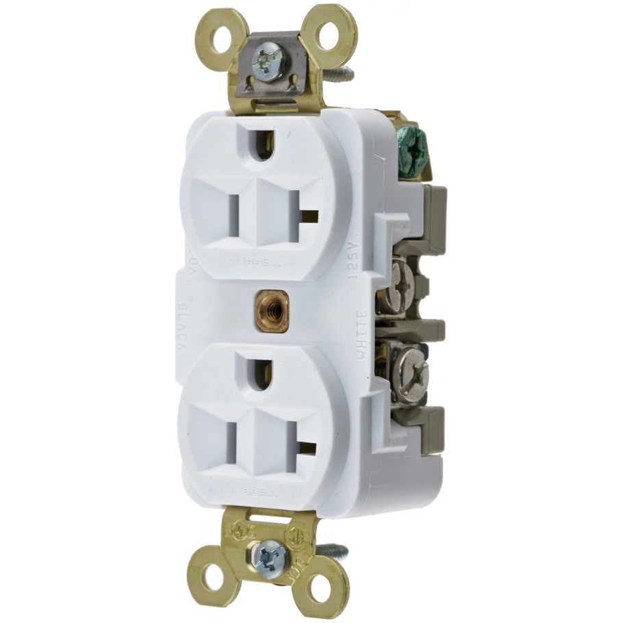HBL Straight Blade Receptacle, Duplex, Extra Heavy Duty Industrial, 20A, 125V, 2P3W, White
