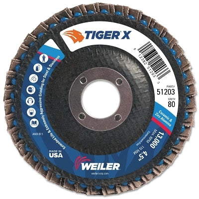 Tiger X Flap Disc, 4-1/2 in Angled, 80 Grit, 7/8 in Arbor