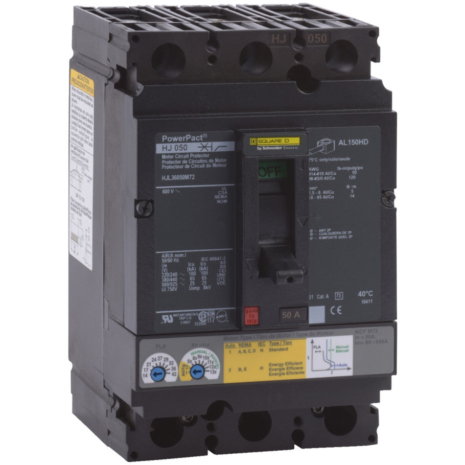 PowerPact Electronic Motor Circuit Protector (MCP), H-Frame, Unit Mount, 25kA, 600 Vac, 3-Pole, 50A