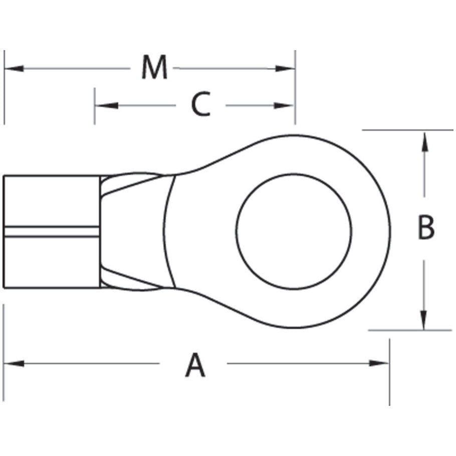 Non-Insulated Large Brazed Seam Ring Terminal with 90 Degree Bend, Length 1.13 Inches, Width .48 Inches, Wire Range  6 AWG
