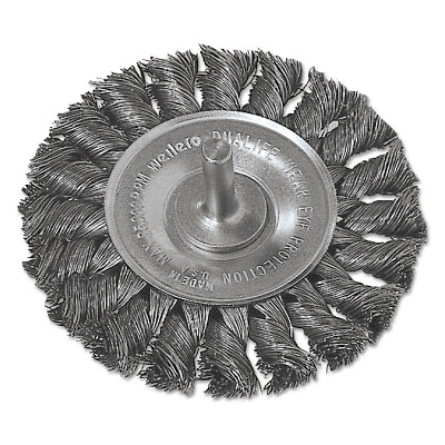 Standard Twist Knot Wire Wheel, 3-1/4 in dia x 3/8 in W Face, 0.0118 in Steel Wire, 25000 RPM, 1/4 in Stem