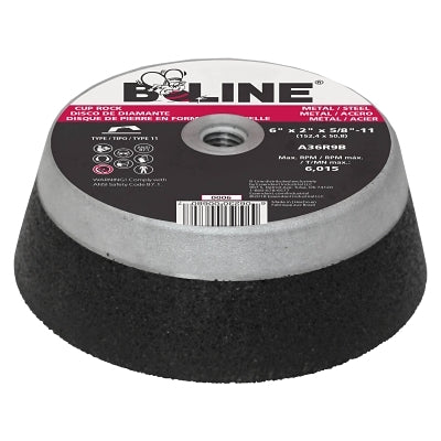 Cup Wheel, 6 in dia, 2 in Thick, 5/8 in-11 Arbor, 36 Grit, Alum Oxide