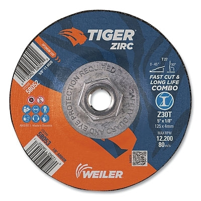 Tiger Zirc Type 27 Cut/Grind Combo Wheel, 7 in dia, 1/8 in thick, 5/8 in -11 dia arbor, Grit 30, Zirconia Alumina