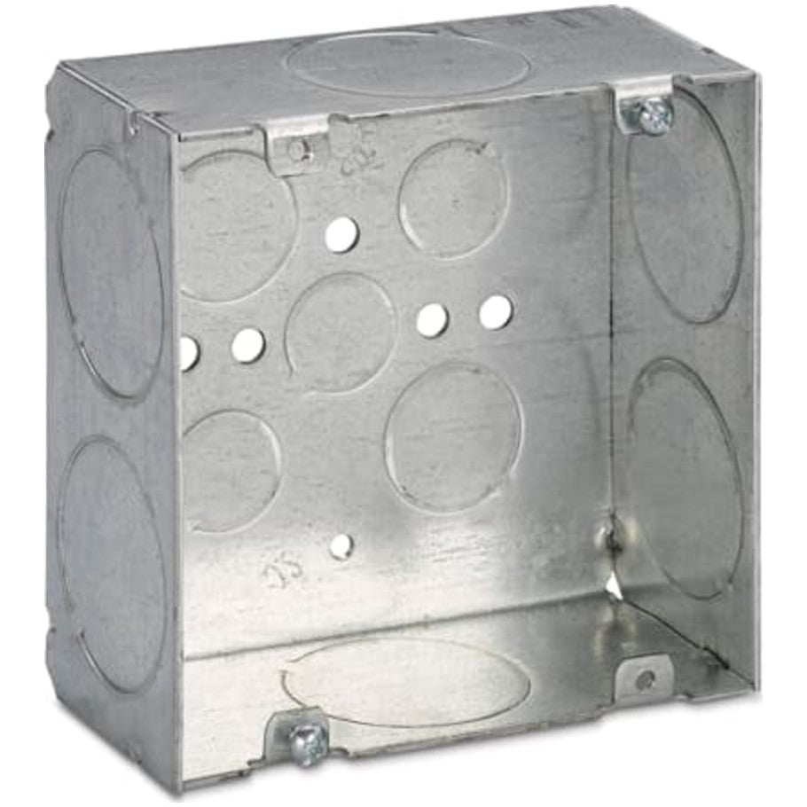 4-11/16 in. Square Box, Steel, Welded, 2-1/8 in. D, (6) 1-1/4 in. Side KO, (3) 1/2   (2) 3/4 in. Bottom KO