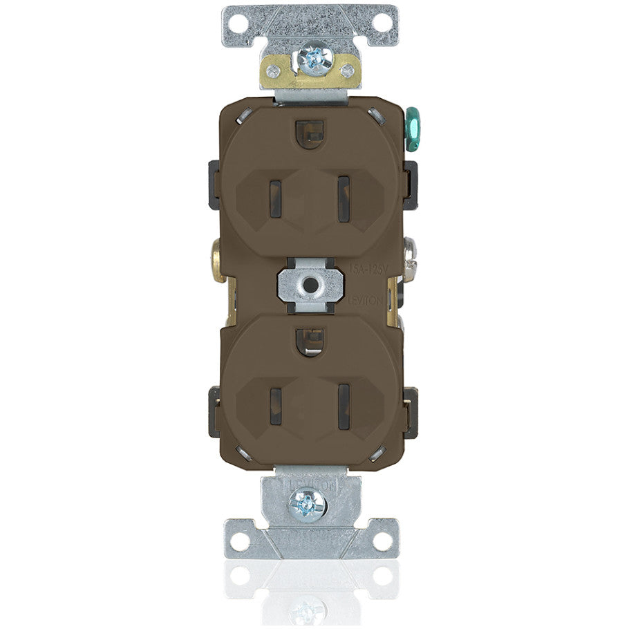 Straight Blade Narrow Body Duplex Receptacle, 15A, 125V, Commercial Grade, Self-Grounding, Brown