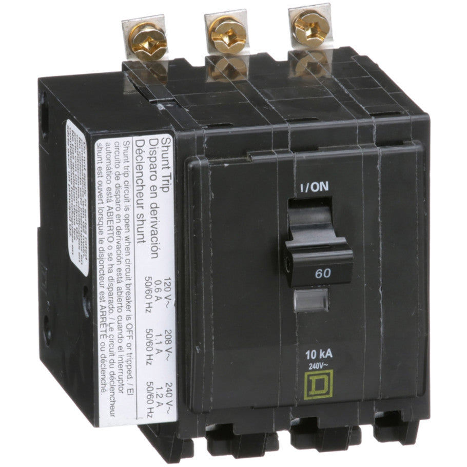 QOB Miniature Circuit Breaker, Bolt On, 3 Pole, 60A, 120/240V, 10kA, Shunt Trip