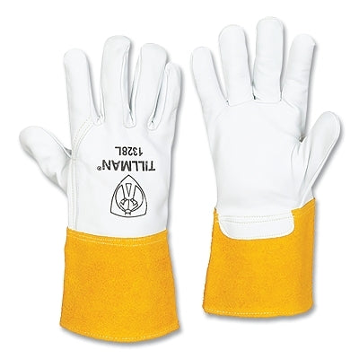 TIG Welding Gloves, 1328, Top Gr Goatskin Palm/BOH/Split Cowhide Cuff, Sm, Pearl/Bourbon Brn, 4 in L Straight Cuff