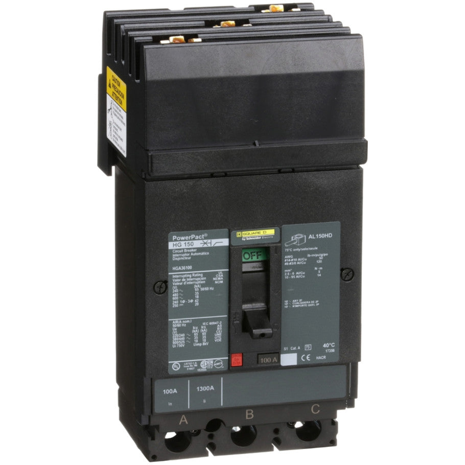 PowerPact Molded Case Circuit Breaker, I-Line Mount, H-Frame, Thermal Magnetic, 3-Pole, 600V, 18kA, 100A