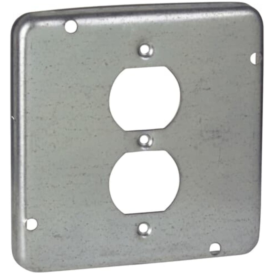 4-11/16 in. Square steel 1/2 raised surface cover for (1) duplex receptacle.