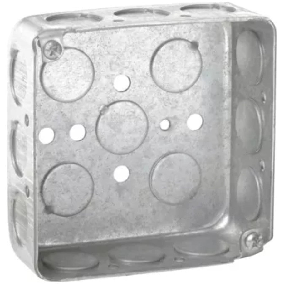 4 Square Box, Steel, Drawn, 1-1/2 in. D, (12) 1/2 in. Side KO, (5) 1/2 in. Bottom KO