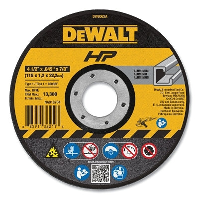 High Performance Cutting Wheel, Type 1, 4-1/2 in dia x 0.045 in Thick x 7/8 in Arbor, 60 Grit, Al Oxide, Non-Ferrous Metals