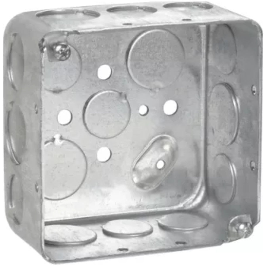 4 Square Box, Steel, Drawn, 2-1/8 in. D, (8) 1/2   (4) 3/4 in. Side KO, (3) 1/2   (2) 3/4 in. Bottom KO