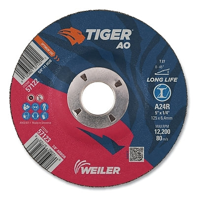 Tiger AO Grinding Wheel, 5 in dia x 1/4 in Thick, 7/8 in Arbor, A24R, Type 27